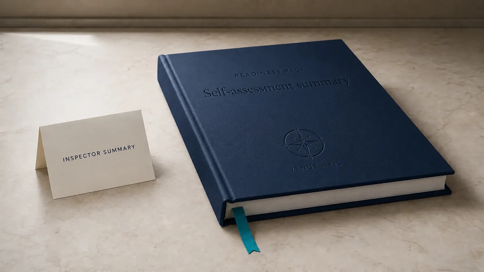 A closed navy evidence binder on a stone-warm work surface — the readiness-pack atmosphere for the Venue Axis audit assessment.